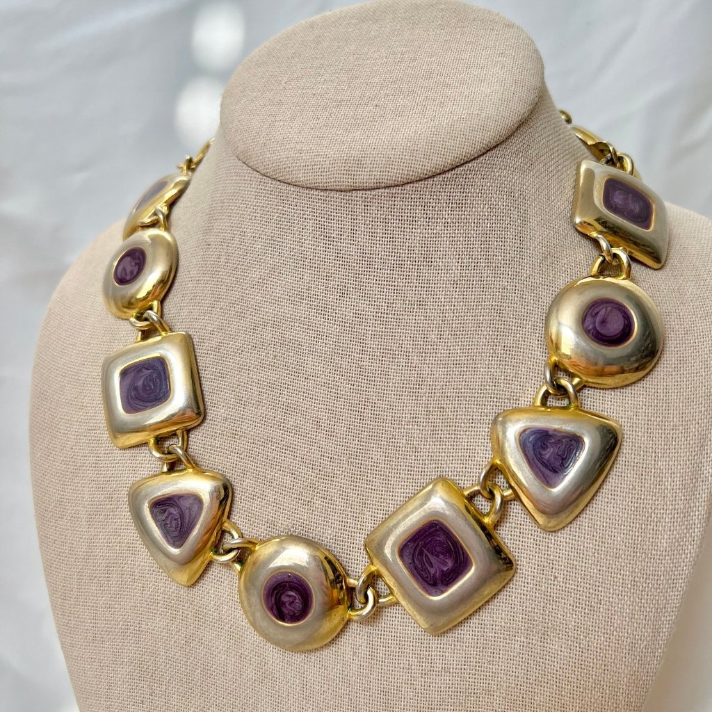 Retro Vintage 1980s Style Geometric Purple Swirl Enamel Gold Tone Necklace